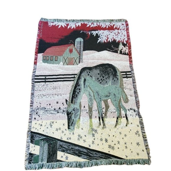 Vintage 90s Farm Horse Barn Fringe Tapestry Blanket 65 X 44 Mare Colt - Picture 5 of 8